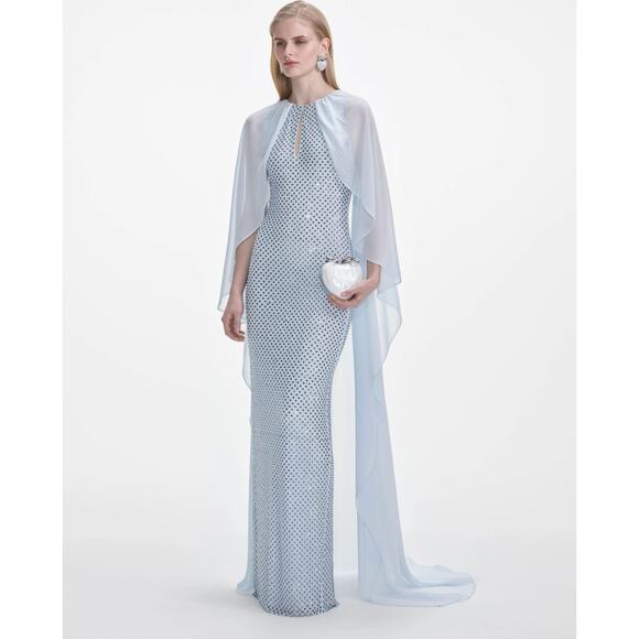 Self-Portrait Pale Blue Rhinestone Cape Maxi Dress US 2 - Picture 2 of 5